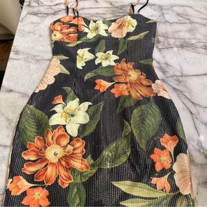 Floral Print Mini Dress in Black and Orange XXS